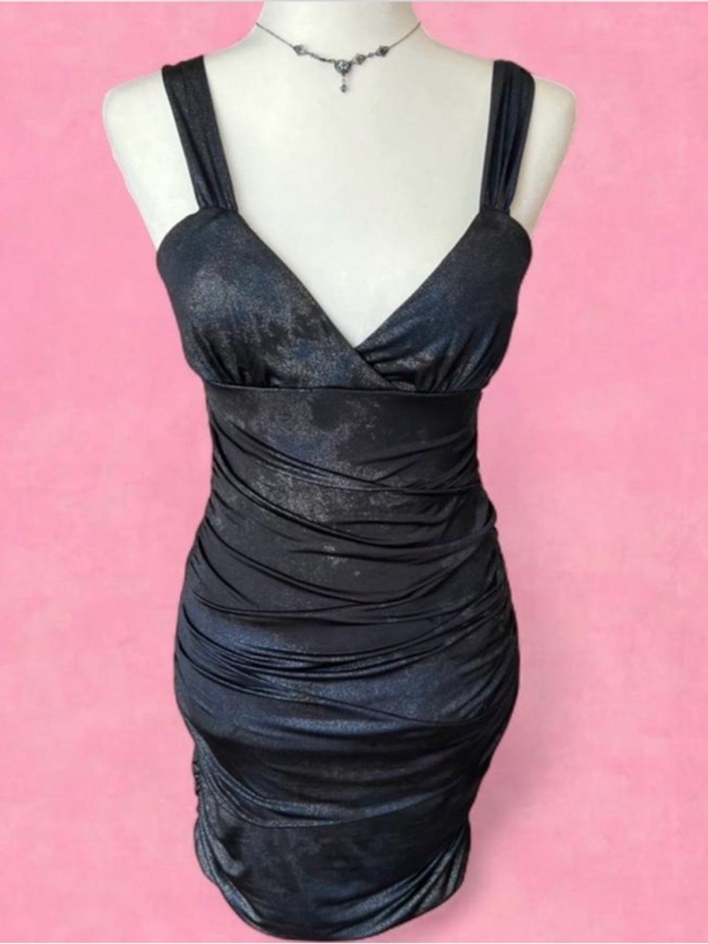 La Belle Black Sleeveless Ruched V-Neck Mini Dress